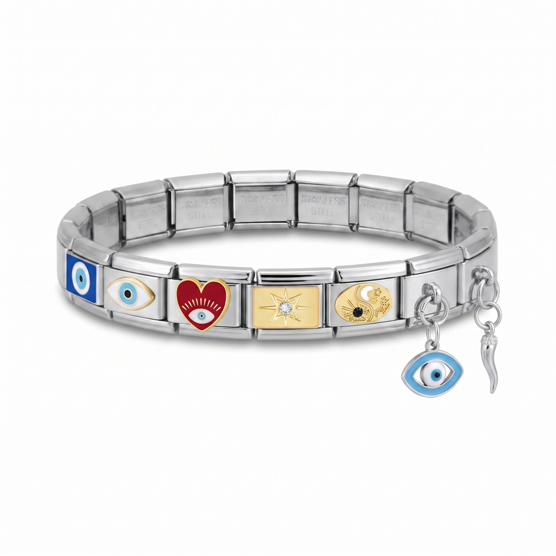 Emma Design — silver classic bracelet with evil eye, eye, red heart eye, sparkle, day & night charms and evil eye and Italian horn dangles