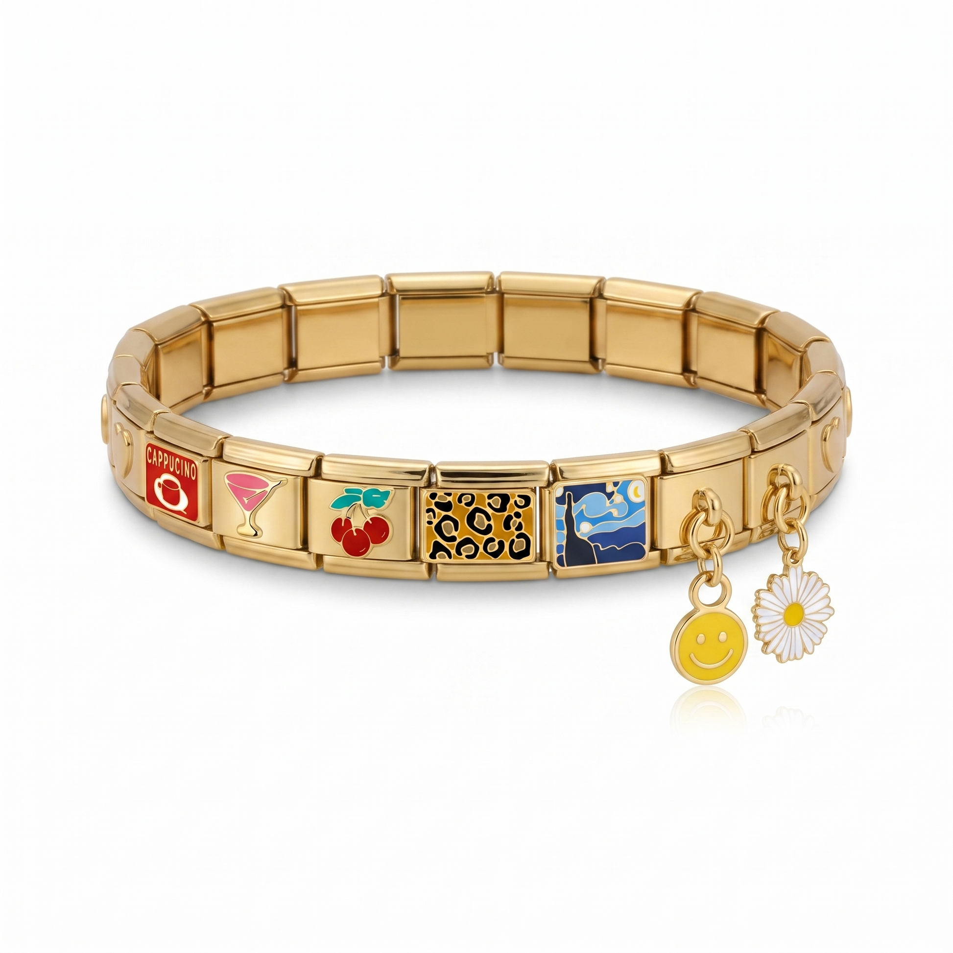 Lucía Design — gold heart bracelet with cappuccino, pink martini, cherries, animal print, Starry Night charms and smiley and daisy dangles