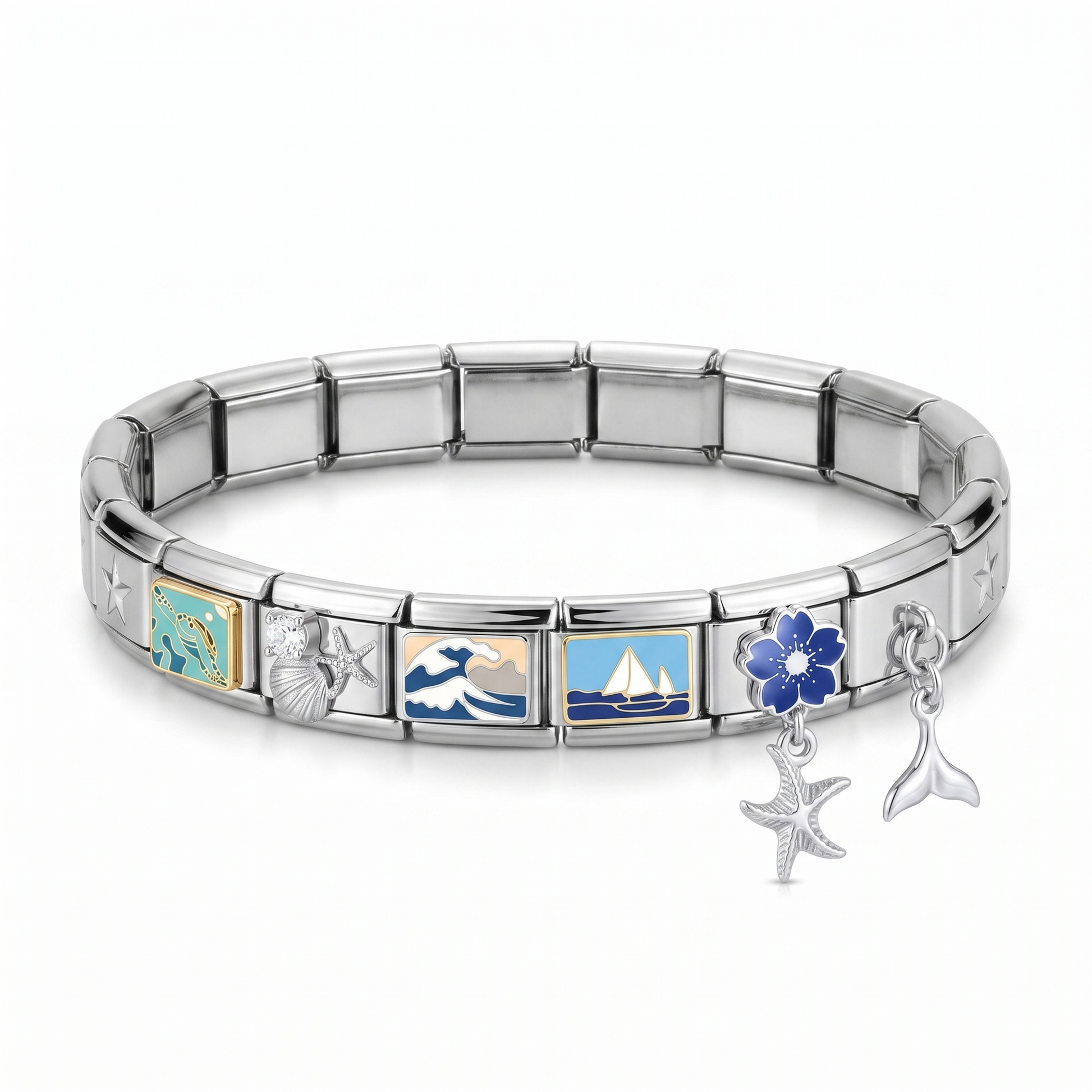Isabella Design — silver star bracelet with sea turtle, oyster & starfish, Great Wave, sailboat, blue sakura charms and starfish and mermaid tail dangles