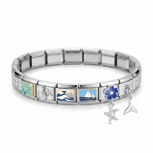 Isabella Design — silver star bracelet with sea turtle, oyster & starfish, Great Wave, sailboat, blue sakura charms and starfish and mermaid tail dangles