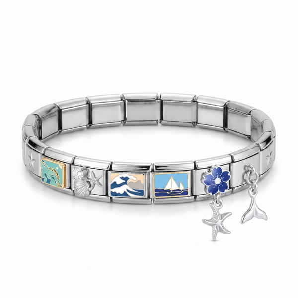 Isabella Design — silver star bracelet with sea turtle, oyster & starfish, Great Wave, sailboat, blue sakura charms and starfish and mermaid tail dangles