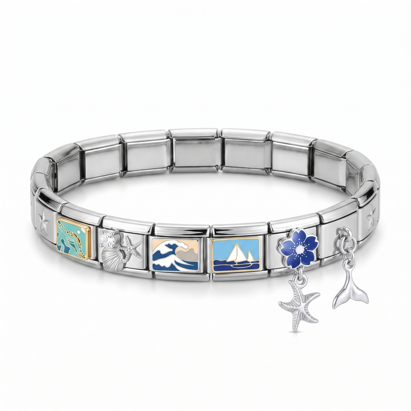 Isabella Design — silver star bracelet with sea turtle, oyster & starfish, Great Wave, sailboat, blue sakura charms and starfish and mermaid tail dangles