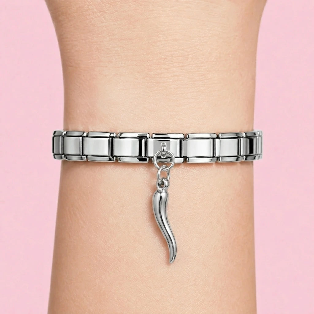 Italian horn dangle charm worn on a silver Italian bracelet