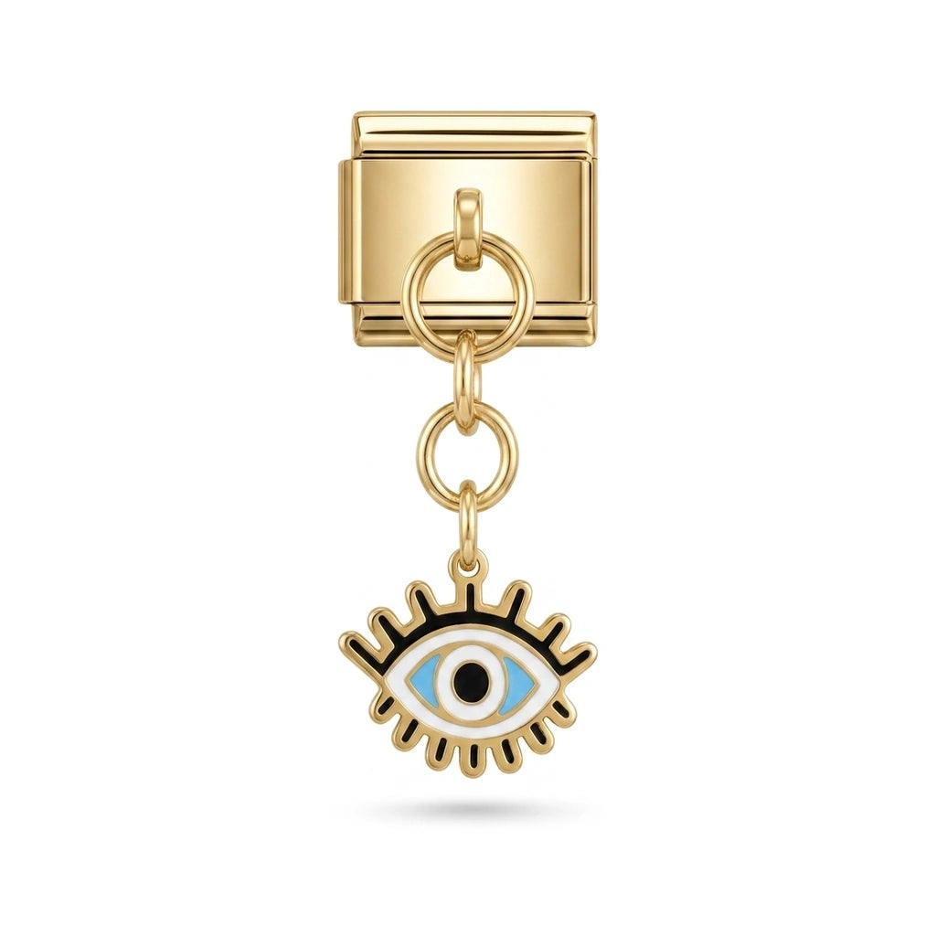 Lash eye dangle charm on gold Italian link