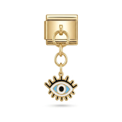 Lash eye dangle charm on gold Italian link