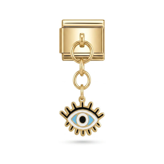 Lash eye dangle charm on gold Italian link