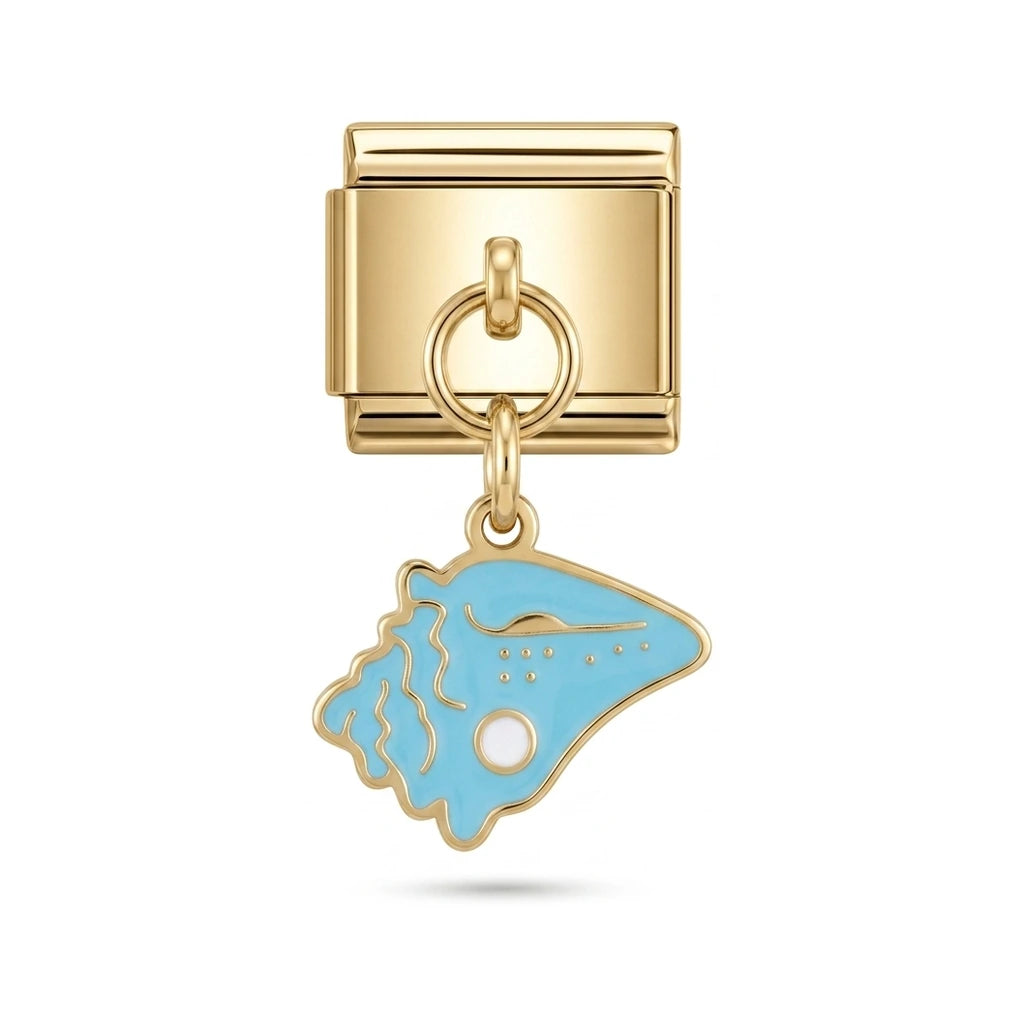 Blue manta ray dangle charm on gold Italian link