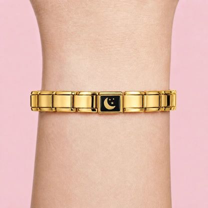 Golden Moon charm worn on a gold Italian bracelet