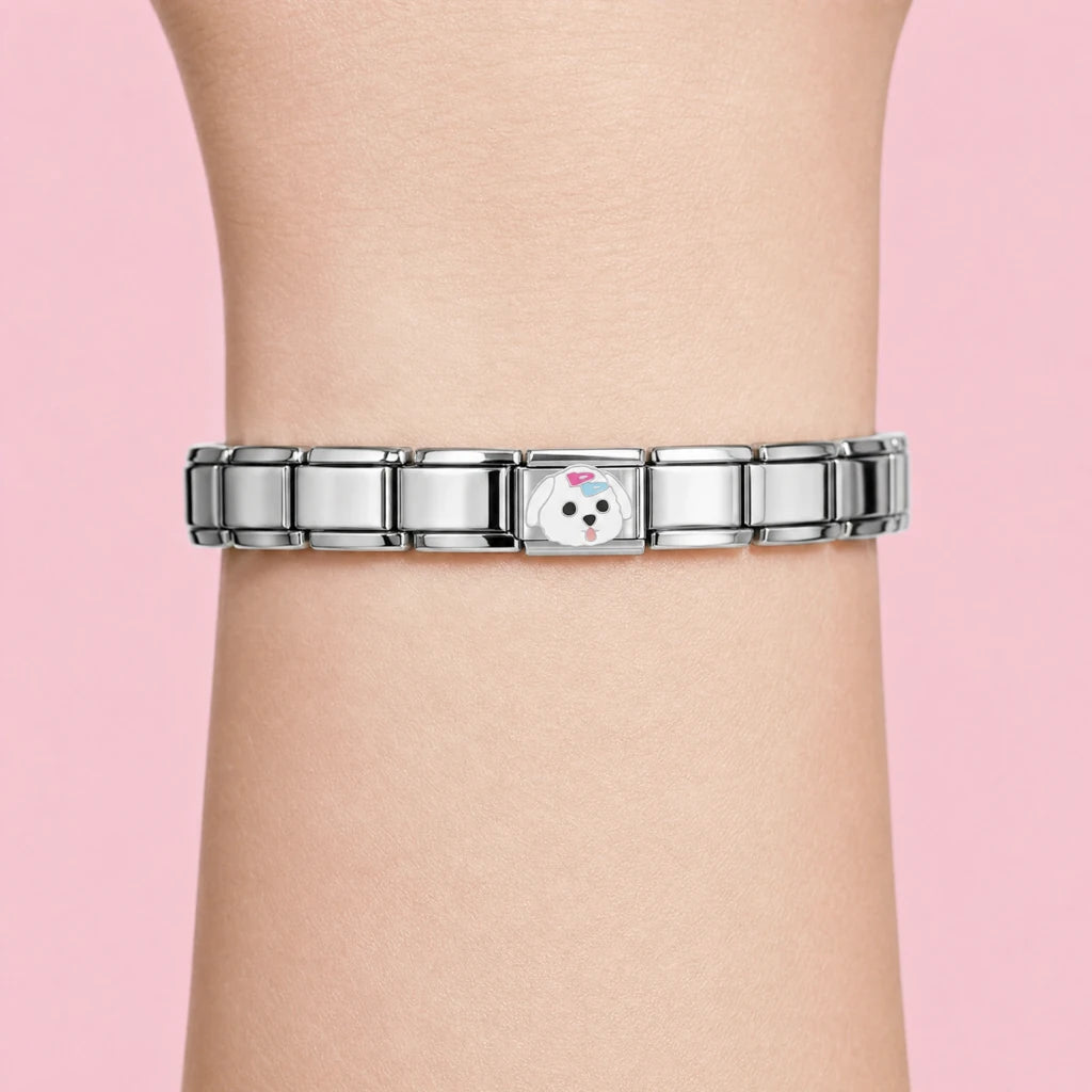 Sweet Puppy charm worn on a silver Italian bracelet
