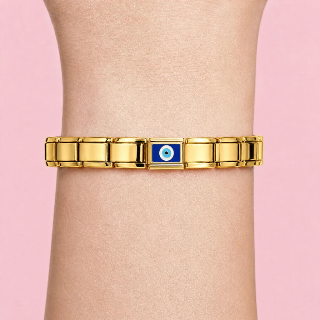 Azure Eye charm worn on a gold Italian bracelet