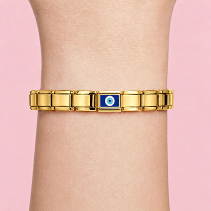 Azure Eye charm worn on a gold Italian bracelet