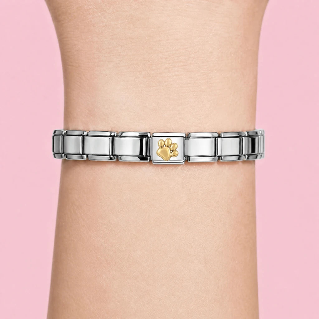 Golden Paw charm worn on a silver Italian bracelet