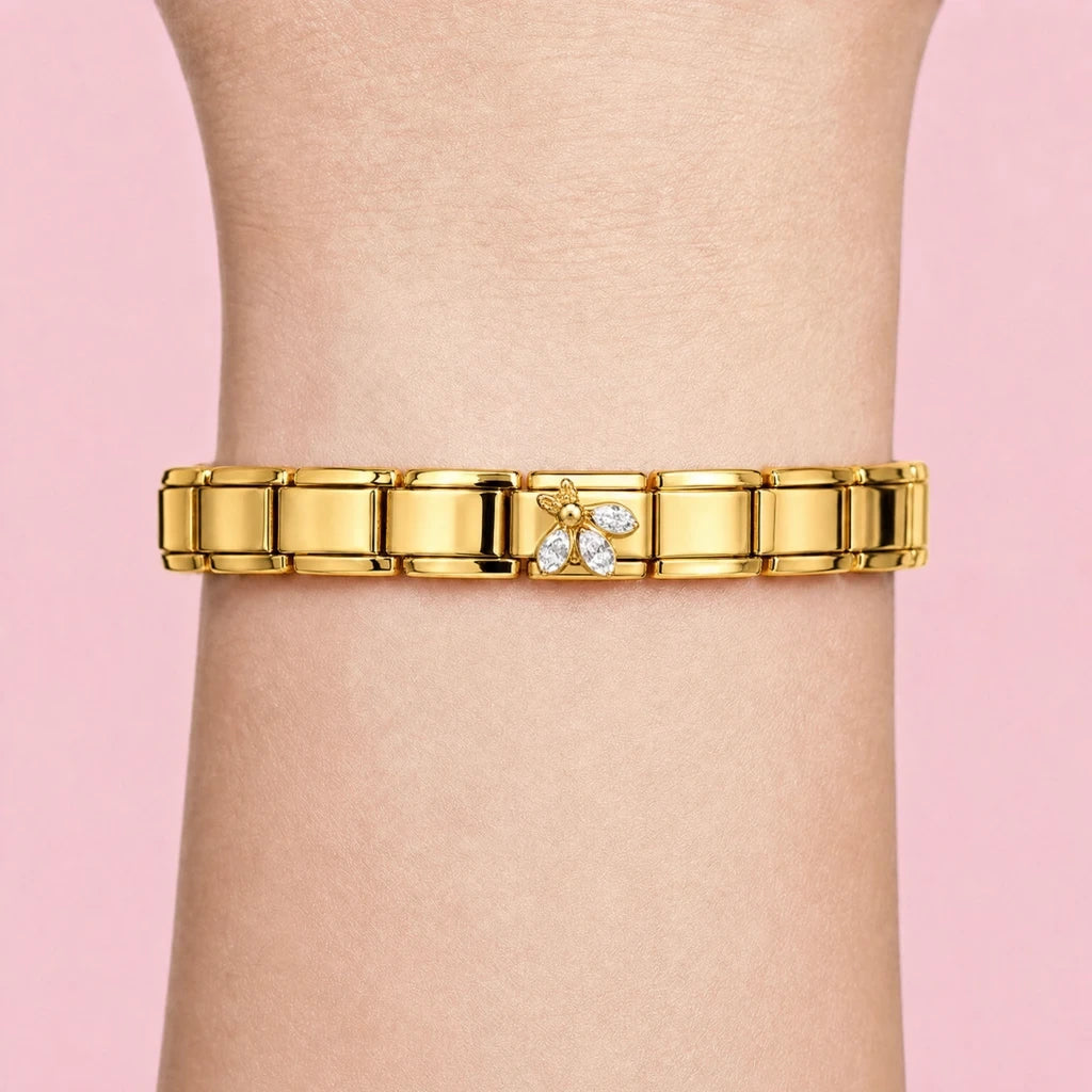 Crystal Bee charm worn on a gold Italian bracelet