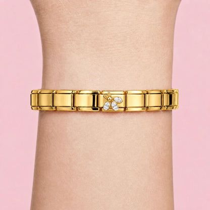 Crystal Bee charm worn on a gold Italian bracelet
