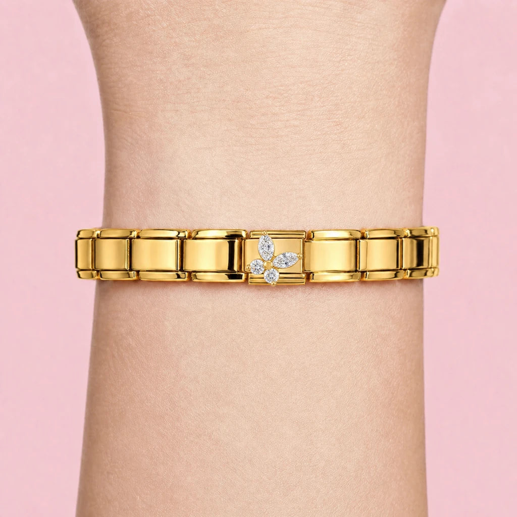 Crystal Butterfly charm worn on a gold Italian bracelet