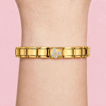 Crystal Butterfly charm worn on a gold Italian bracelet