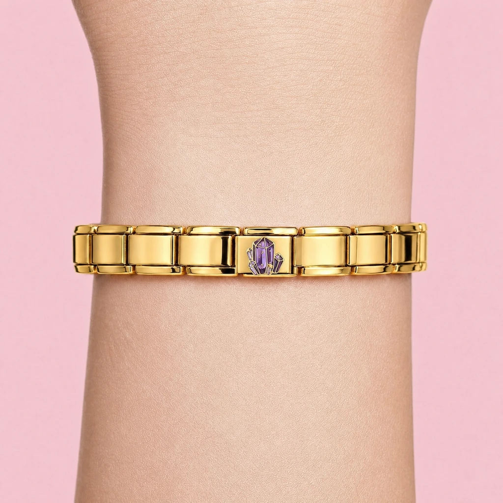 Amethyst Dream charm worn on a gold Italian bracelet