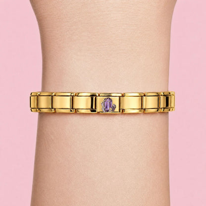 Amethyst Dream charm worn on a gold Italian bracelet