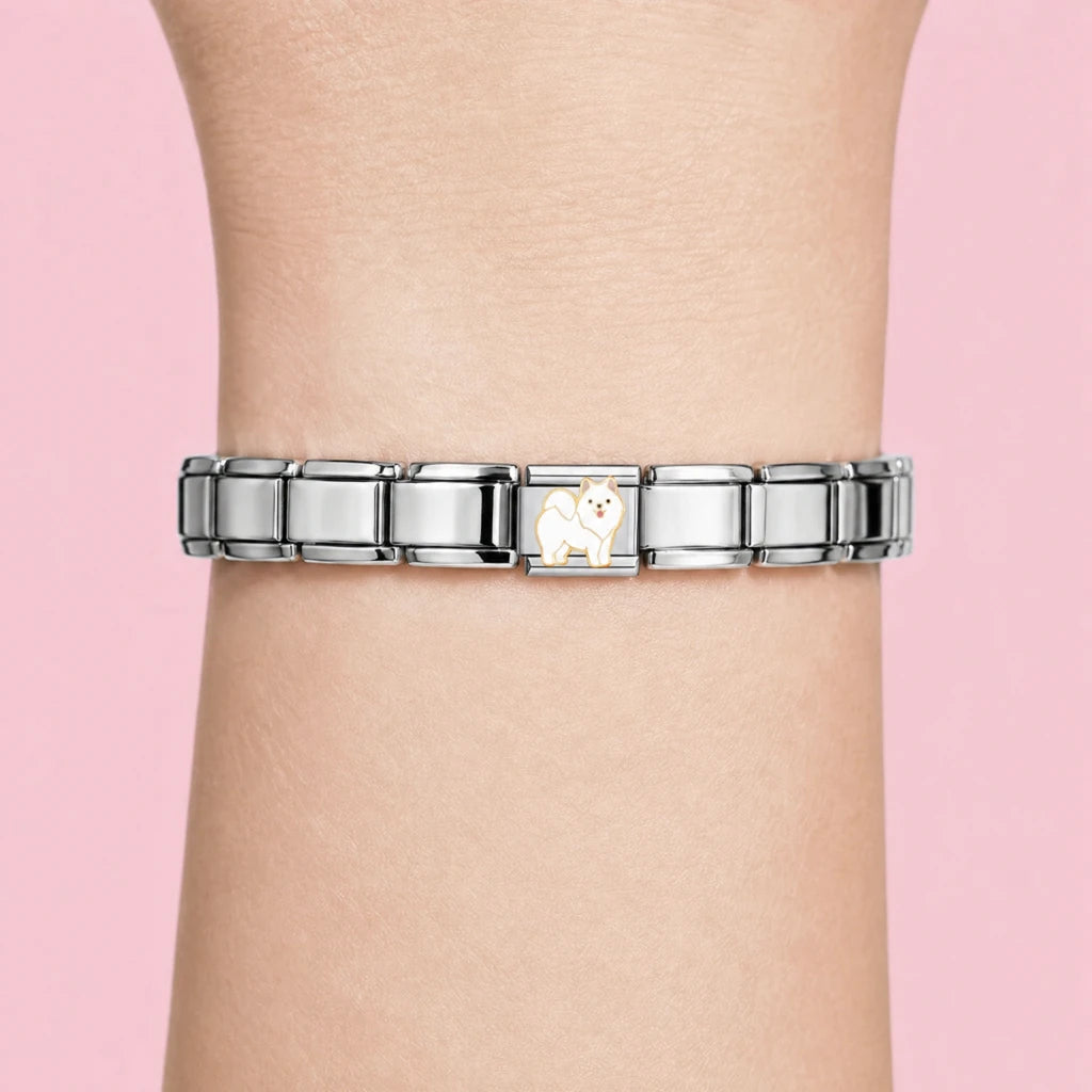 Pomeranian charm worn on a silver Italian bracelet