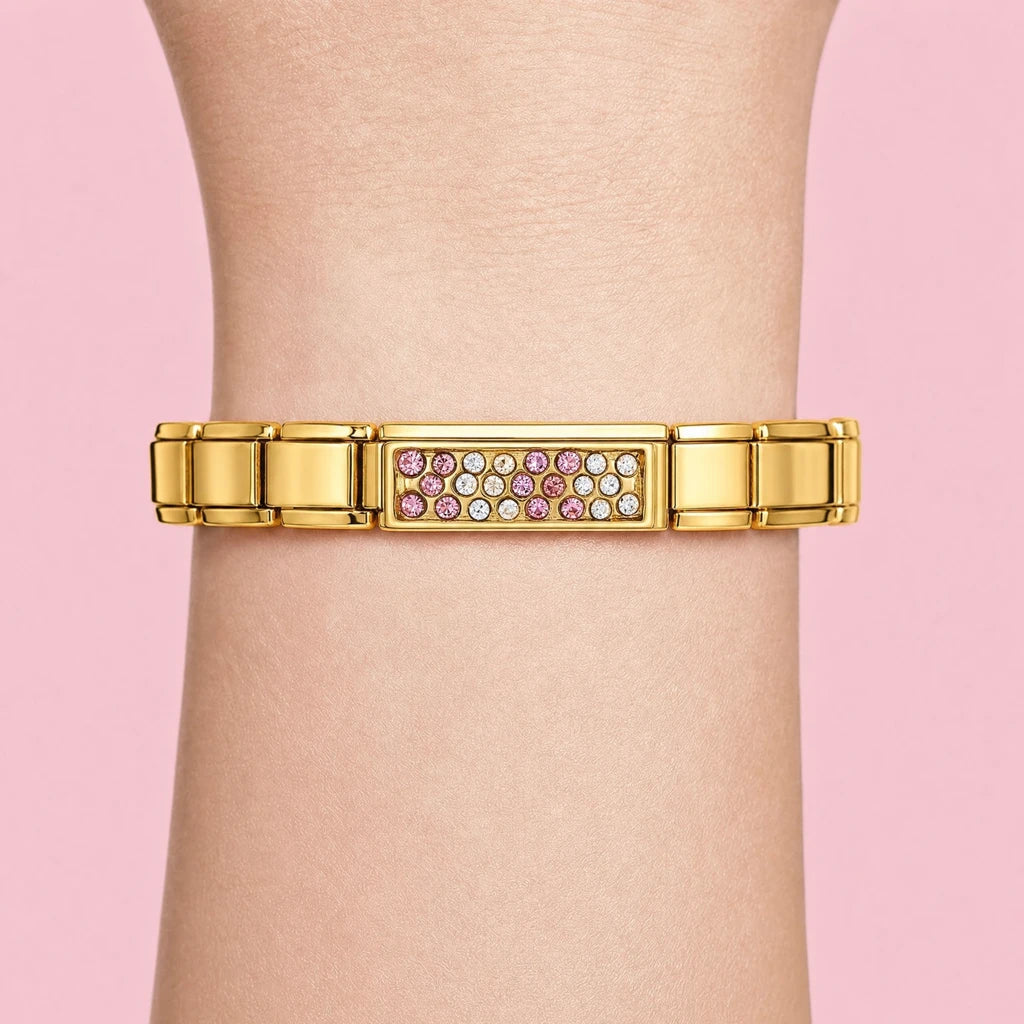 Rose Pavé Bar charm worn on a gold Italian bracelet