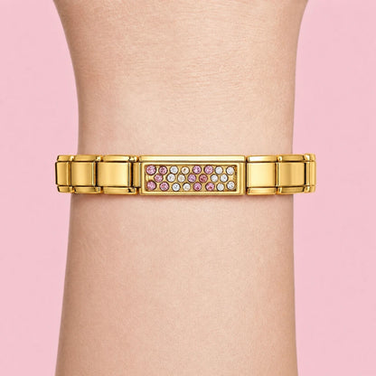 Rose Pavé Bar charm worn on a gold Italian bracelet