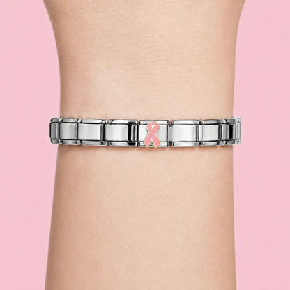 Pink Ribbon charm worn on a silver Italian bracelet