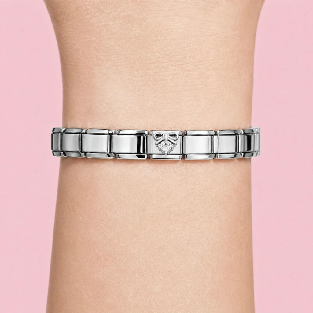 Crystal Bow charm worn on a silver Italian bracelet
