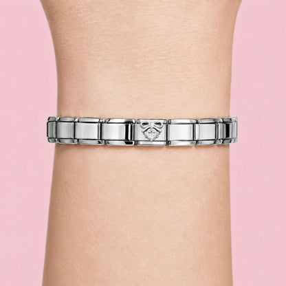 Crystal Bow charm worn on a silver Italian bracelet