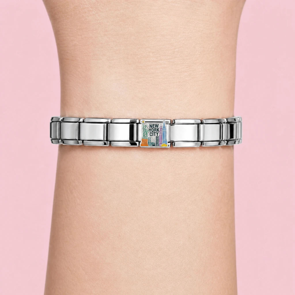 NYC Icons charm worn on a silver Italian bracelet