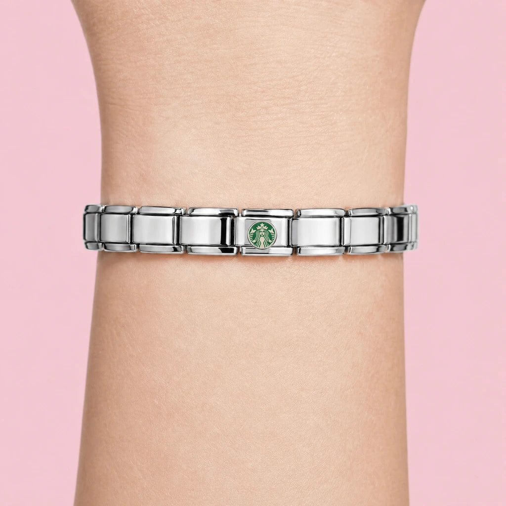 Coffee Siren charm worn on a silver Italian bracelet