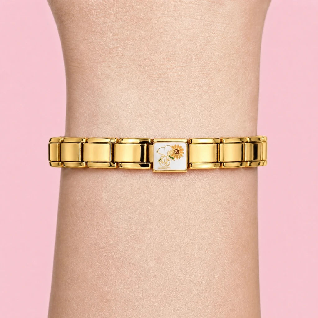 Sunflower Pup charm worn on a gold Italian bracelet