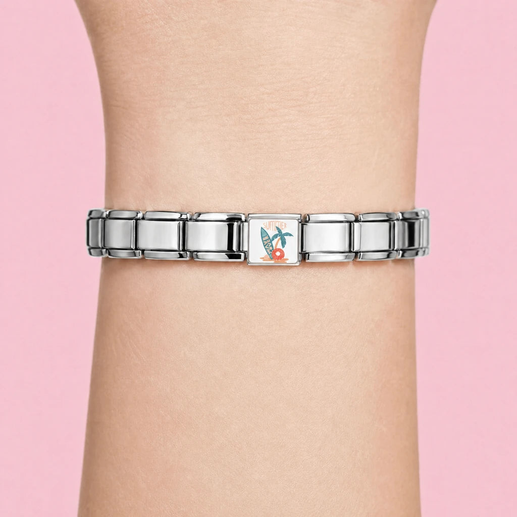 Summer Surf charm worn on a silver Italian bracelet