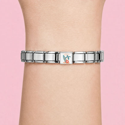 Summer Surf charm worn on a silver Italian bracelet