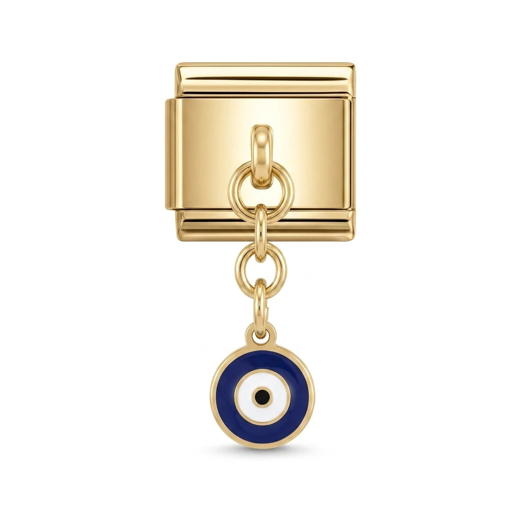 Navy evil eye dangle charm on gold Italian link