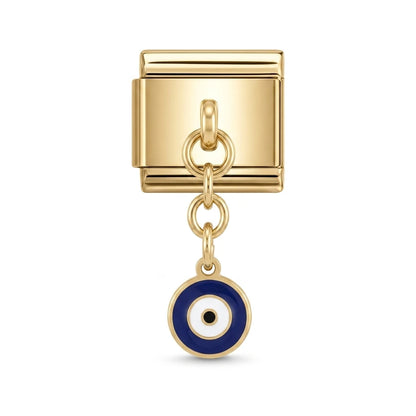 Navy evil eye dangle charm on gold Italian link