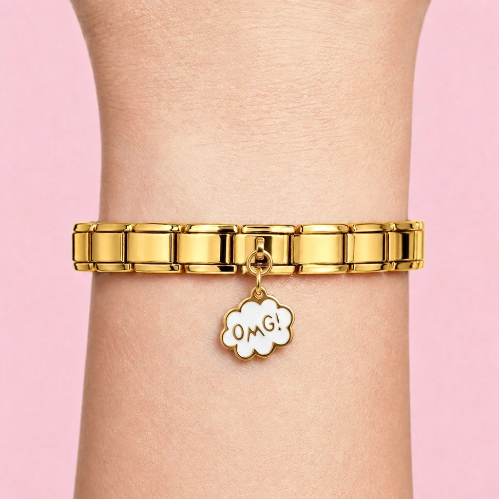 OMG cloud dangle charm worn on a gold Italian bracelet
