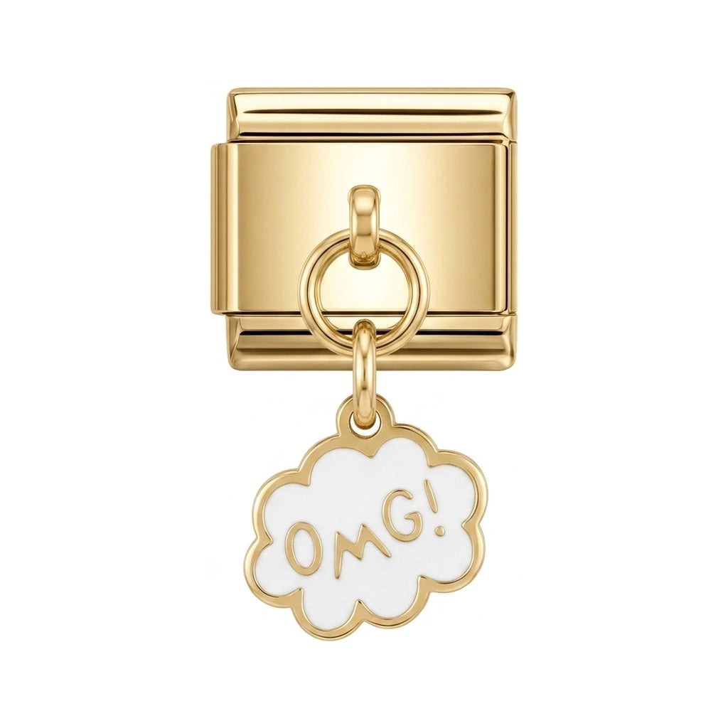 OMG speech bubble dangle charm on gold Italian link