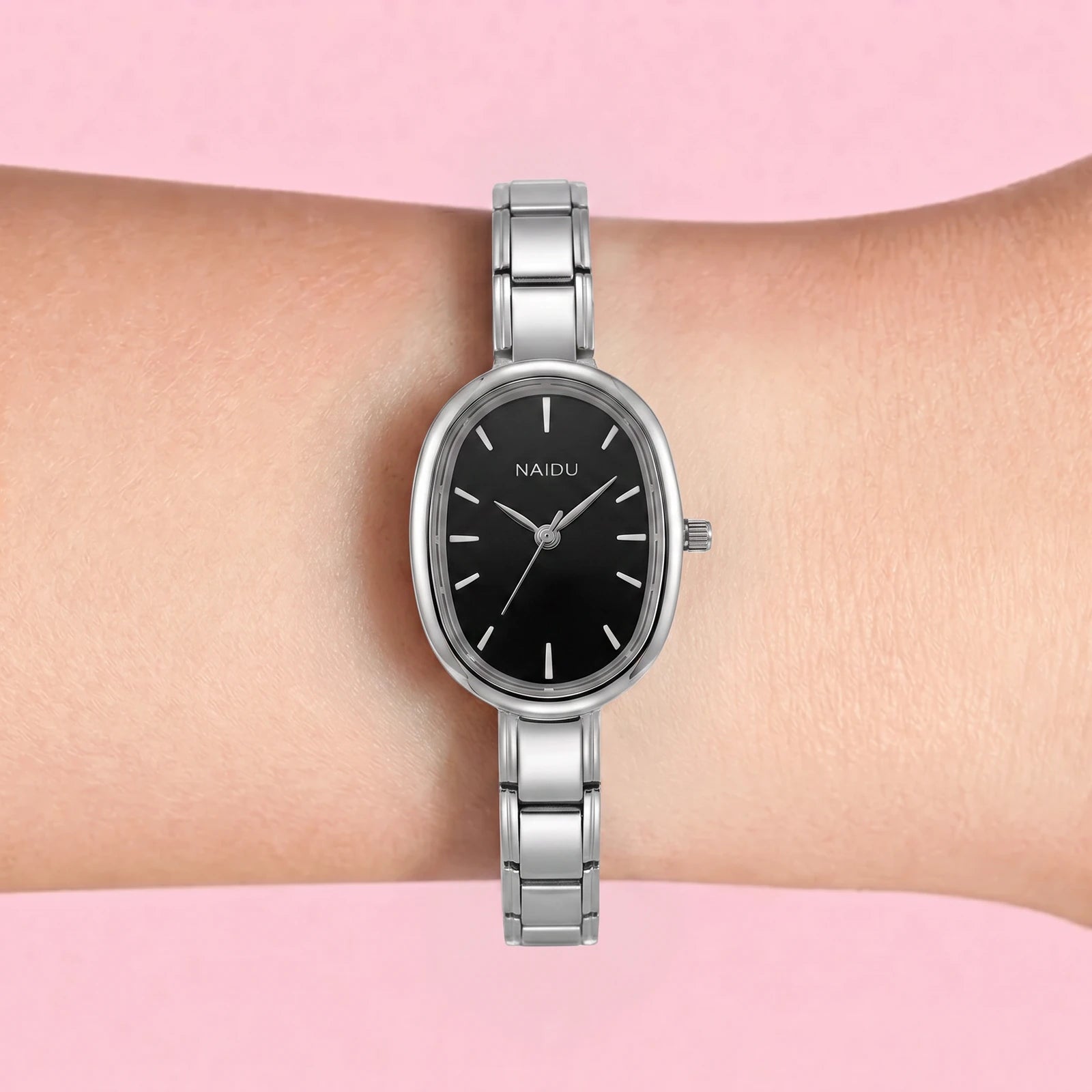 Oval Watch — Black Dial on wrist