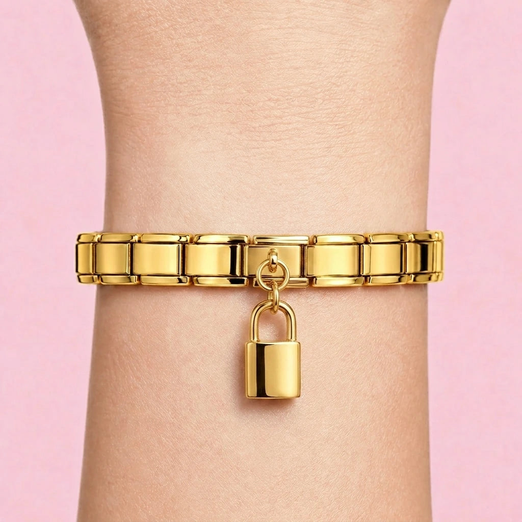 Padlock dangle charm worn on a gold Italian bracelet