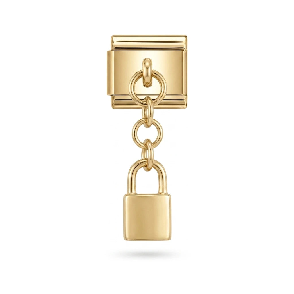 Padlock dangle charm on gold Italian link