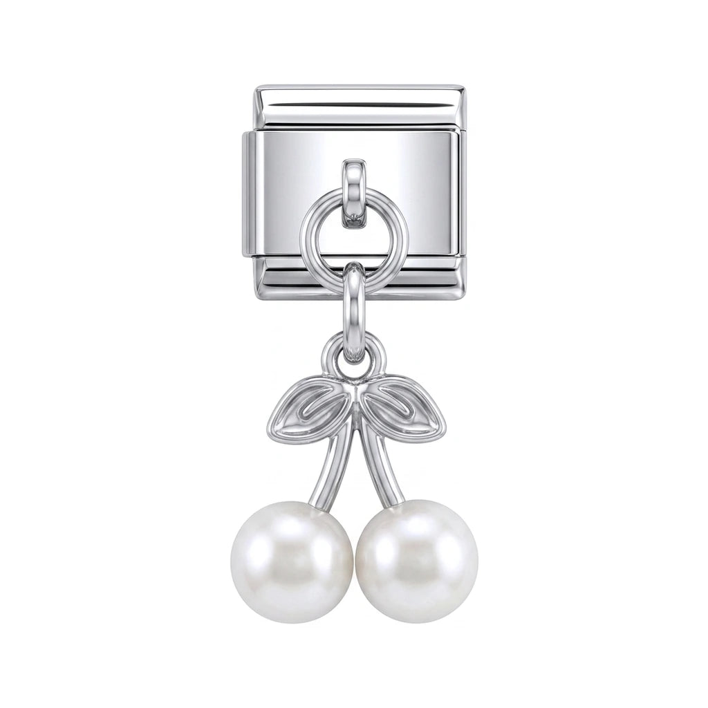 Pearl cherry dangle charm on silver Italian link