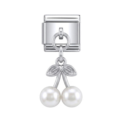 Pearl cherry dangle charm on silver Italian link