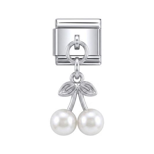 Pearl cherry dangle charm on silver Italian link