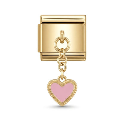 Pink enamel heart dangle charm on gold Italian link