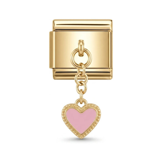 Pink enamel heart dangle charm on gold Italian link