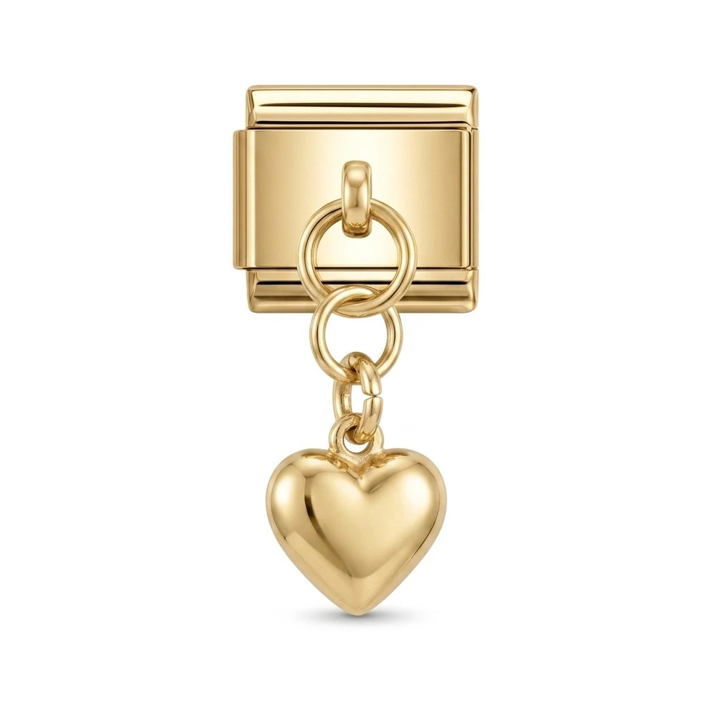Puffed heart dangle charm on gold Italian link