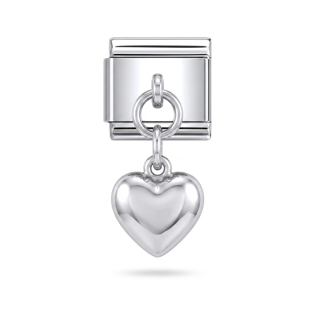 Puffed heart dangle charm on silver Italian link