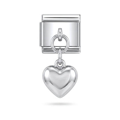 Puffed heart dangle charm on silver Italian link