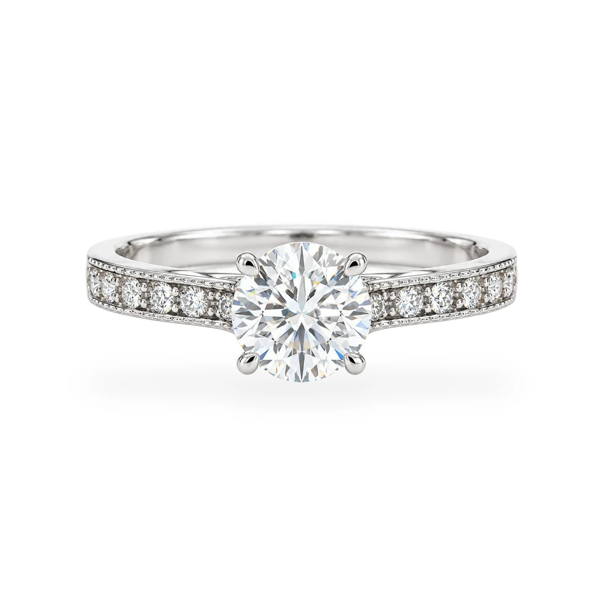 Classico milgrain solitaire ring in 925 sterling silver with round moissanite center stone