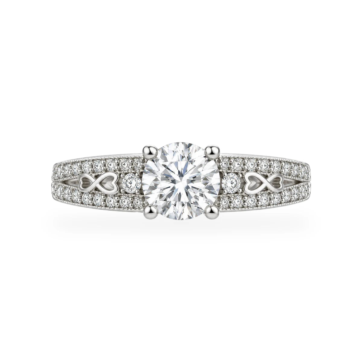 Dolce vintage pave ring in 925 sterling silver with round moissanite and open heart details